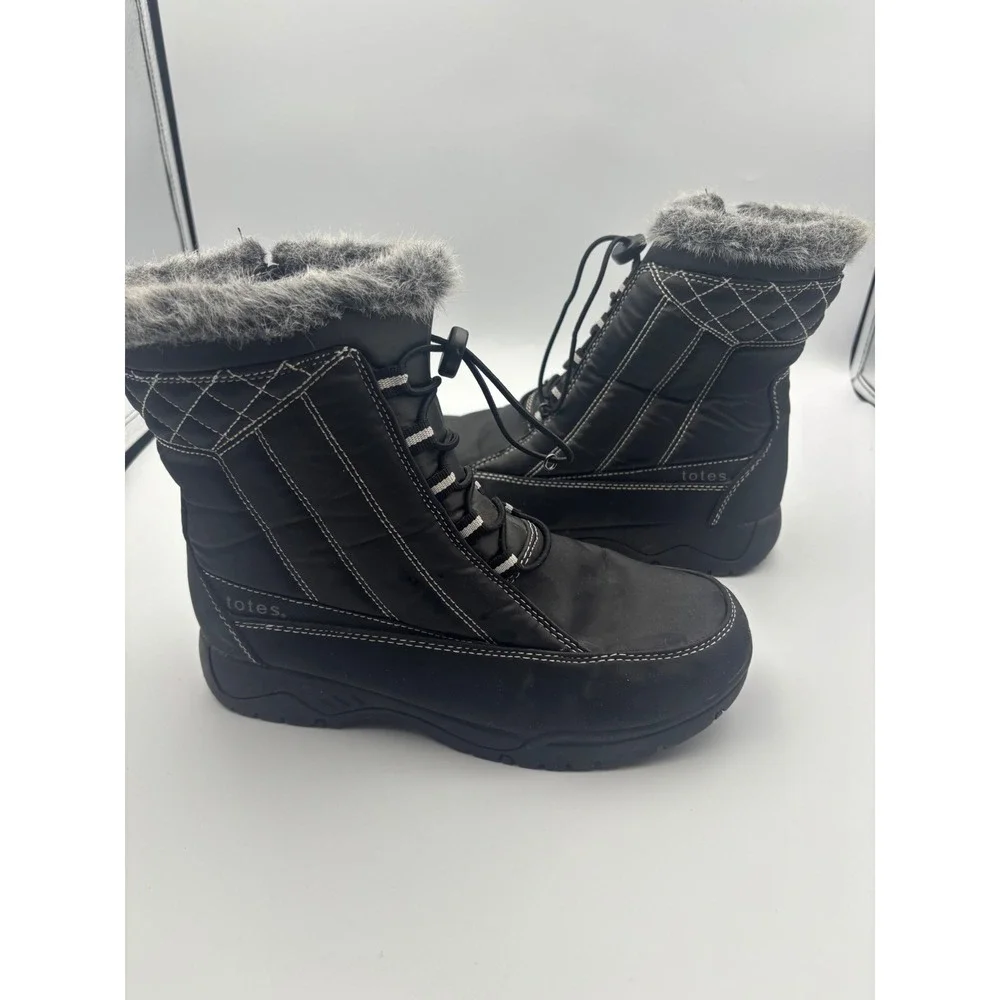 Totes Womens Black Winter Boots Faux Fur Trim Bungee Lace Side Zip Size 8W